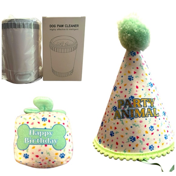 DOG 🐶 3-pc Birthday Bundle:Party Animal Hat🎉,Birthday Toy, & Paw 🐾 Cleaner, NWOT - Picture 1 of 5